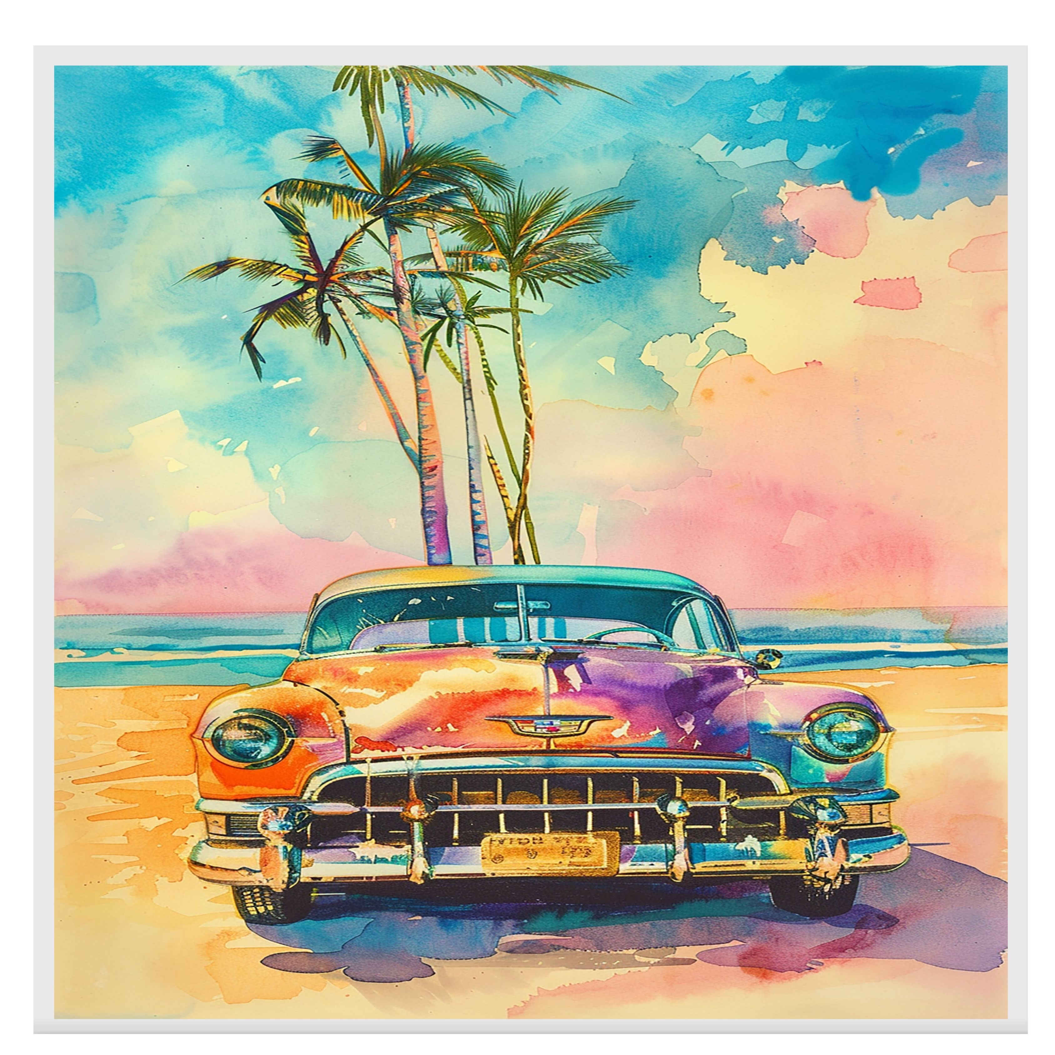 Watercolor Painting of Retro Car on Tropical Beach with Palm Trees